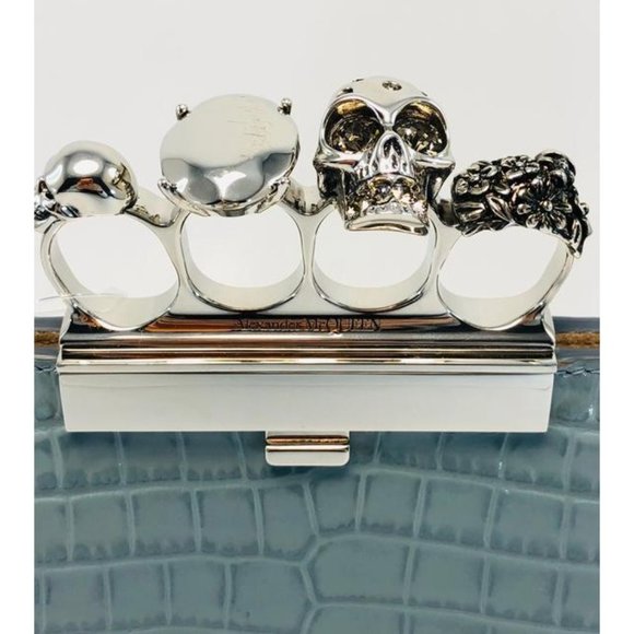 Alexander Mcqueen Skull Four Ring Croc Embossed Blue Leather Clutch - Picture 4 of 12